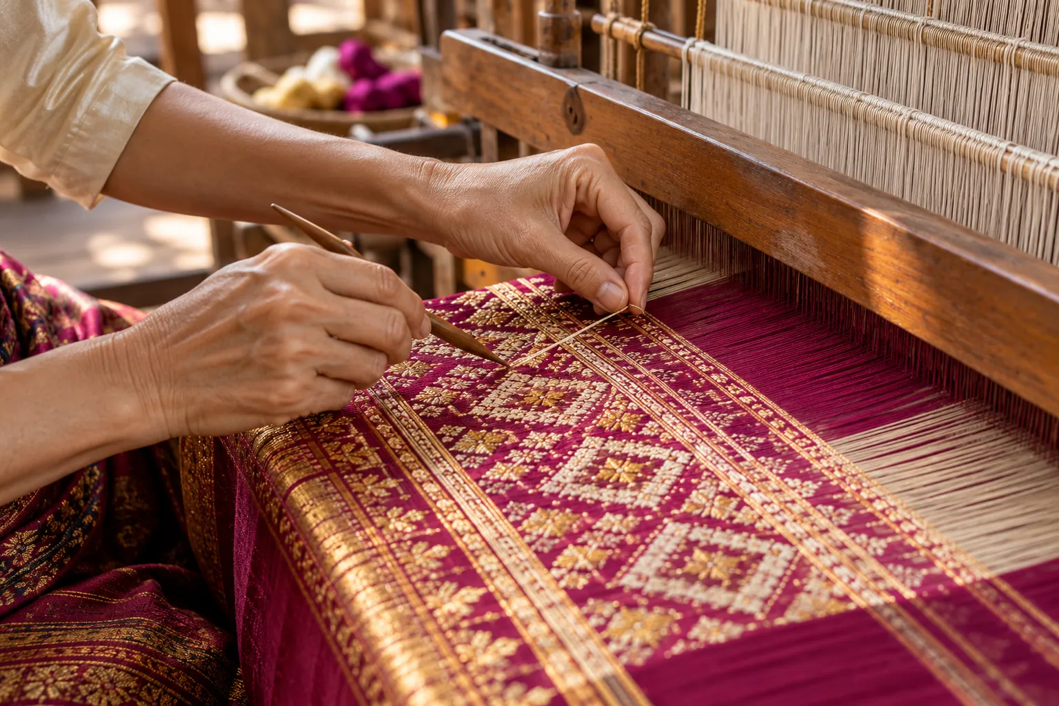 Artisan hands weaving a patterned Thai textile on a loom